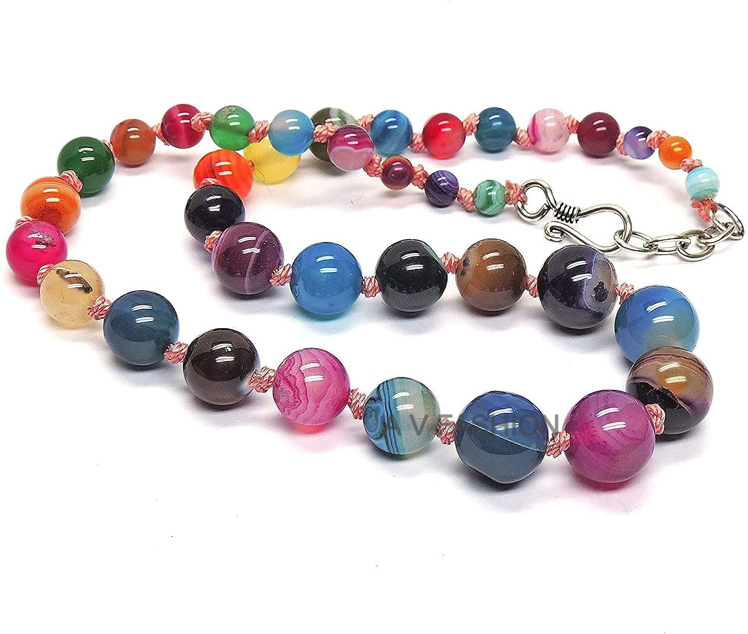 A V Fashion India - Semi Precious Onyx Gemstone Multi Colour Beads Necklace for Girl and Women Faceted Round semi Precious Mala Jewellery (AV_R05)