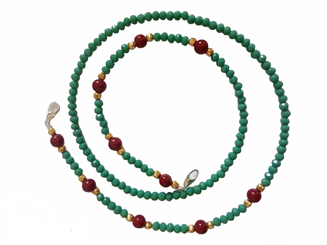 AV Fashion India - Green Colour Crystal Beads Face Mask Holder Beaded Women's Lanyard, Made in India, Hand Made Decorative Fashion Necklace, Holds Your Mask Around Your Neck 20" Long