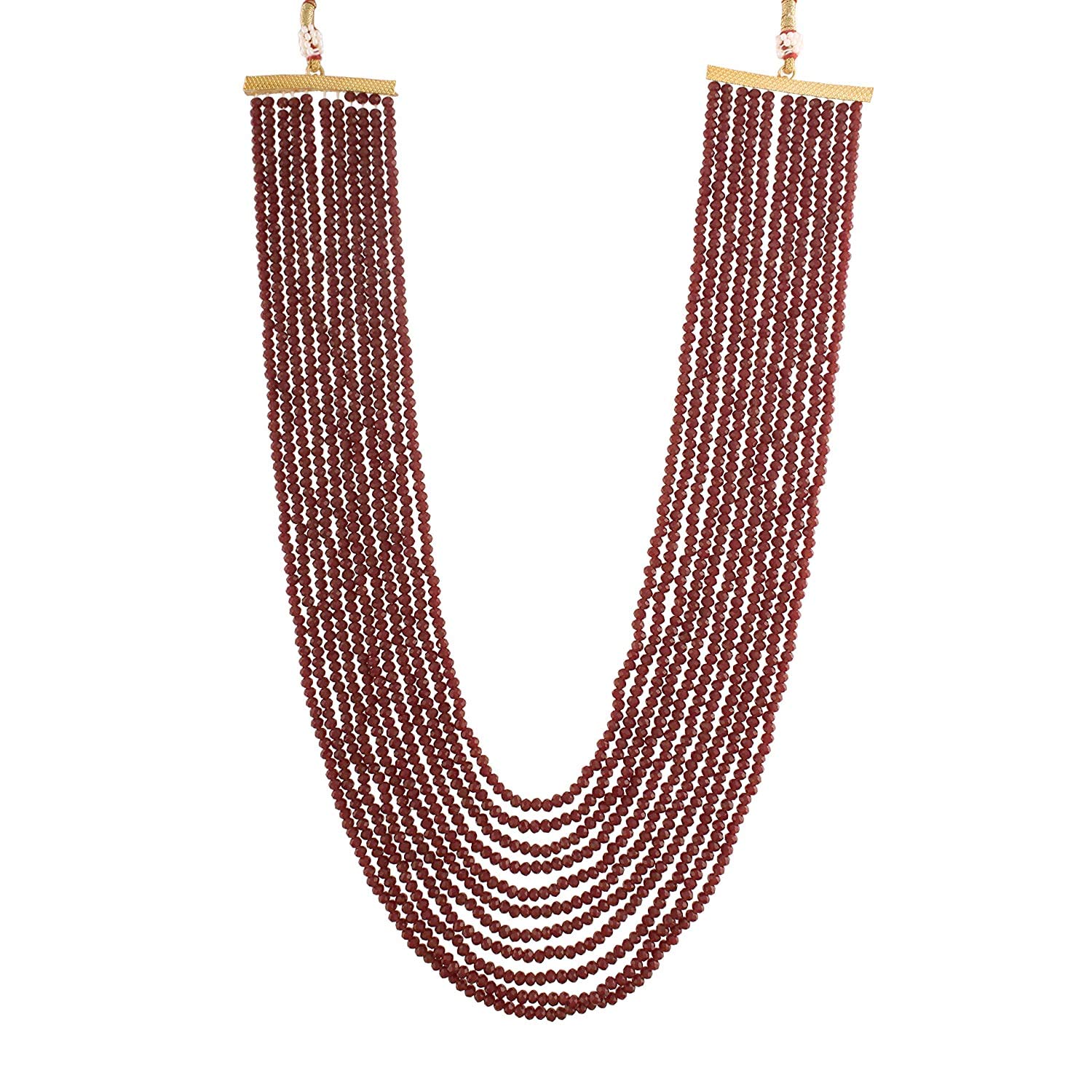 AV Fashion India - Semi Precious Gemstone Ruby Red Crystal Beads 11 Layer Maharaja Haar/Groom Necklace 18" Maroon Colour Beaded Wedding Mala For Men Fashion Jewellery