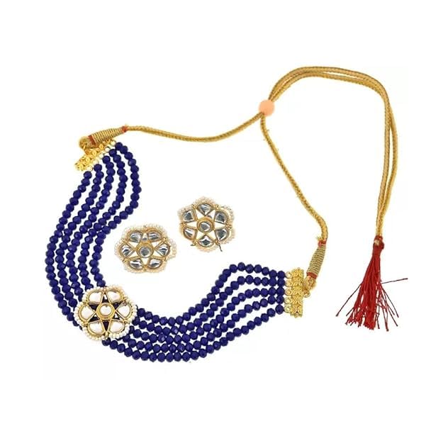 A V FASHION INDIA - Choker Traditional Crystal Necklace Set Fancy Designer Jaipuri 5 Layer Choker Set for Women and Girl Royal Blue Colour