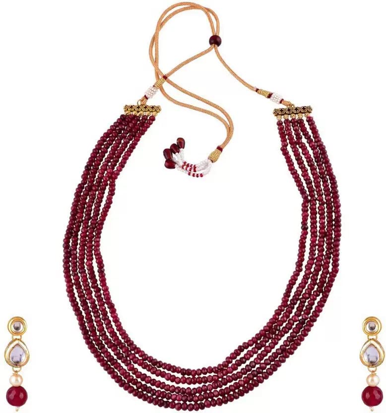 A V FASHION - Semi Precious Gemstone Red Onyx 5 Layer Beads Necklace With Kundan Earring Traditional wedding Red color Mala For Girl and Women Fashion Jewellery