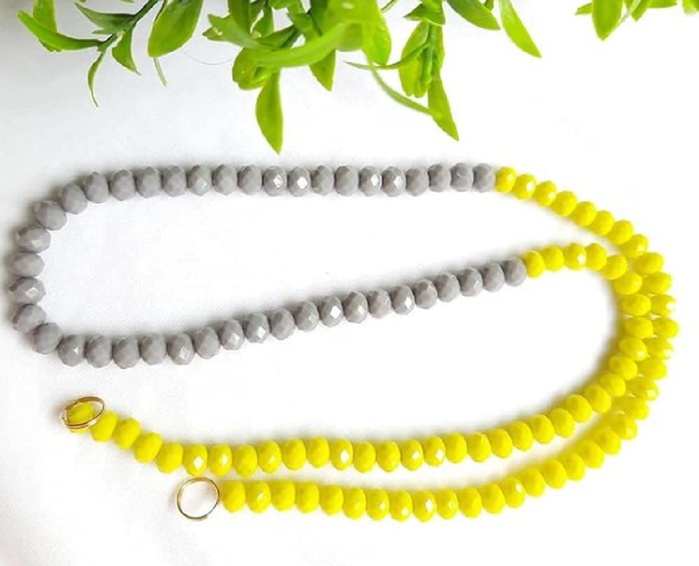 AV Fashion India - Yellow and Grey Colour Crystal Beads Face Mask Holder Beaded Women's Lanyard, Made in India, Hand Made Decorative Fashion Necklace, Holds Your Mask Around Your Neck 20" Long