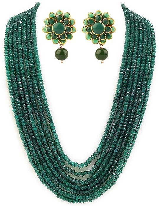 AV FASHION INDIA - Emerald Green Crystal Stone Beads 7 layer Necklace Set For Women and Girl Traditional Wedding Party Multi Layer Mala Fashion Jewellery Green Colour (Same as Shown In Image)