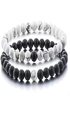 AV FASHION INDIA - Semi Precious Black Onyx and Howlite Gemstone Beads Combo Couple Bracelet For Girl and Women Men Fashion Jewellery (AV BRS28)