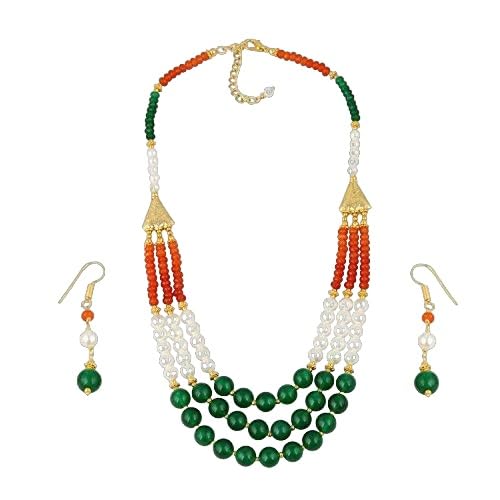 A V FASHION India - Traditional Tricolour Green/White/Orange Multi Strand 3 Layered Necklace Set for Women and Girls Fashion Jewellery (Same as shown in image)