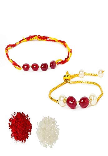 AV Fashion India - Gold-Plated Base Metal and Pearl Rakhi for Unisex- Adult & Child (Set of 2) Designer Elegant Bhaiyya Bhabhi Rakhi Lumba Matching Combo