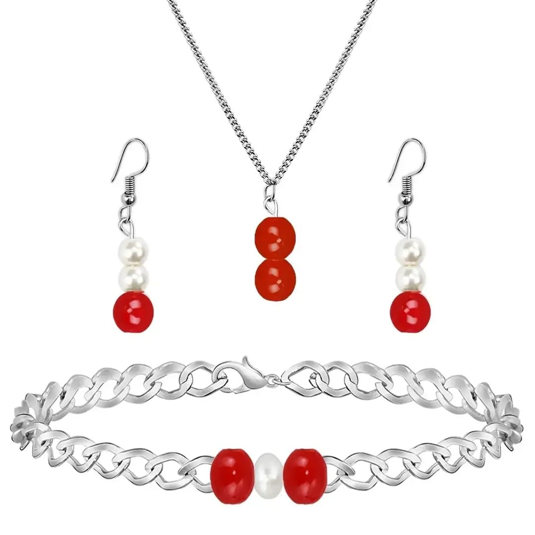 A V FASHION - Red Crystal Chain Necklace Set with Bracelet for Girl and Women 1 Layer Beaded Mala Fashion Jewellery (Red)