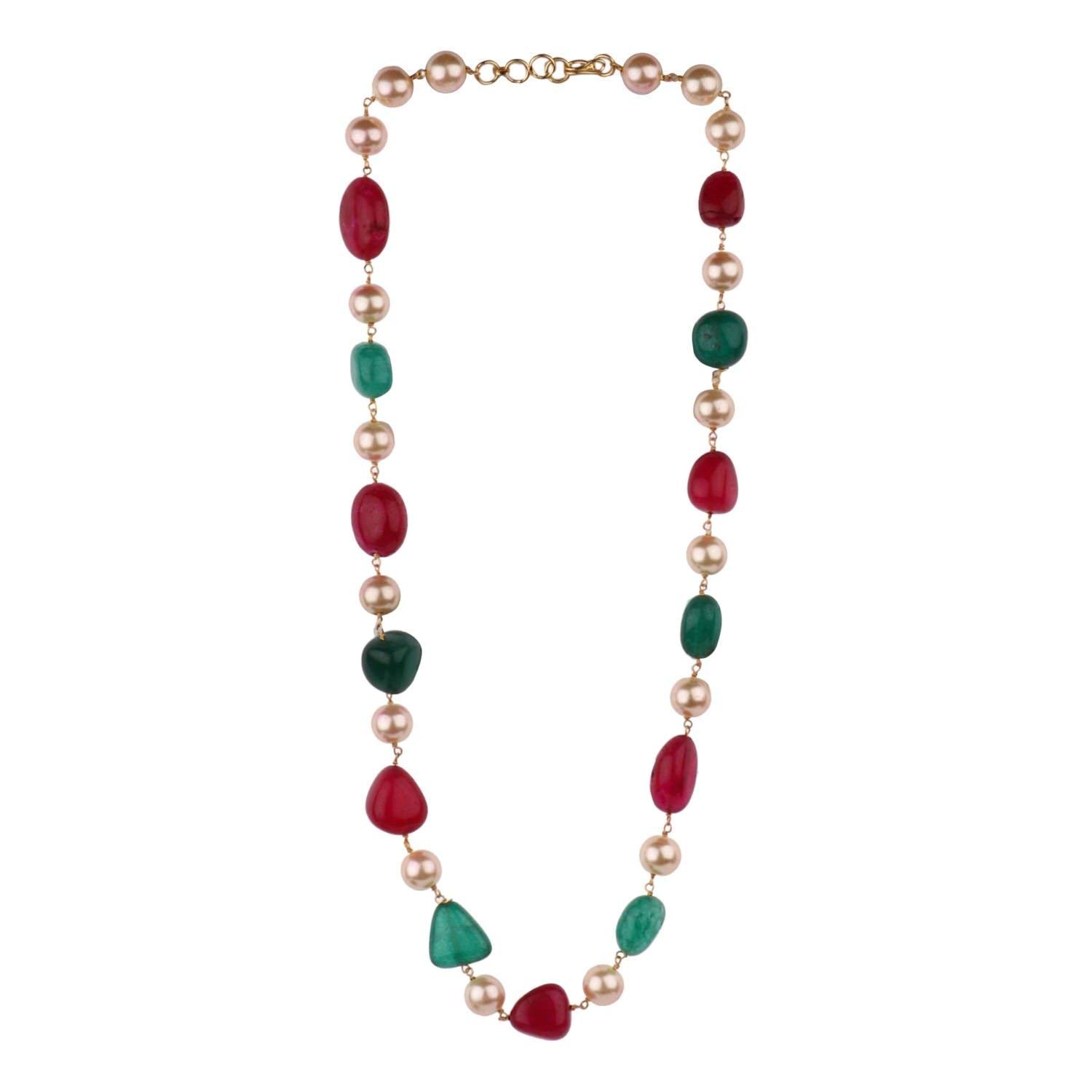 AV Fashion India - Semi Precious Gemstone Onyx Tumble Beads With Pearl 16" Necklace Single Layer Beaded Multi Mala For Girl and Women Fashion Jewellery
