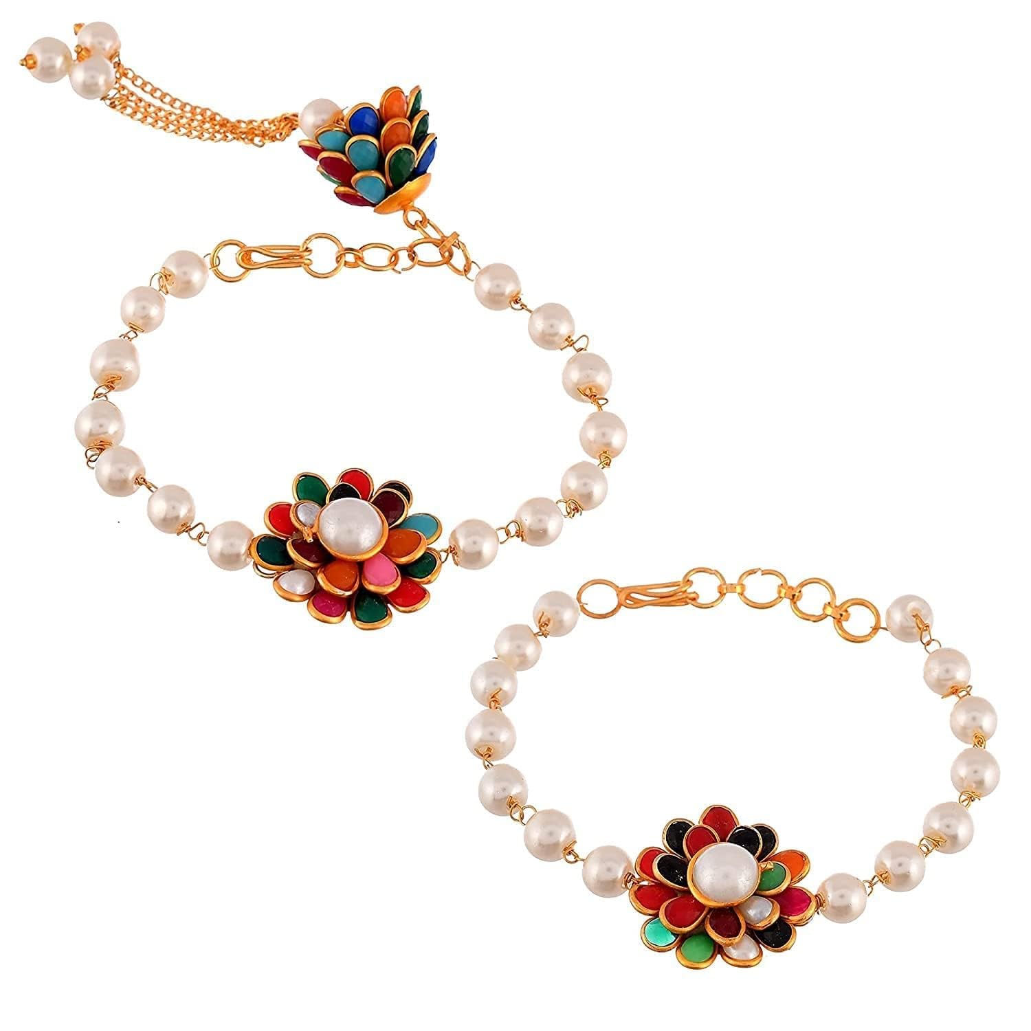 A V FASHION - Elegant Traditional Gold Plated Flower Couple Rakhi For Bhaiya Bhabhi Rakshabandhan Combo Set Gift For Bhaiya Bhabhi/Sister/Brother/Bhai Special Lumba Rakhi