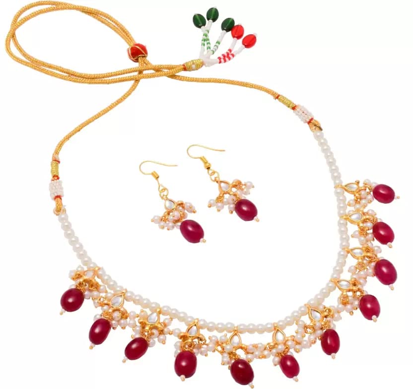 A V FASHION - RED ONYX SEMI PRECIOUS GEMSTONE WITH PEARL BEADS AND KUNDAN 1 LAYER NECKLACE SET TRADITIONAL 16" LONG WEDDING MALA FOR WOMEN AND GIRL FASHION JEWELLERY