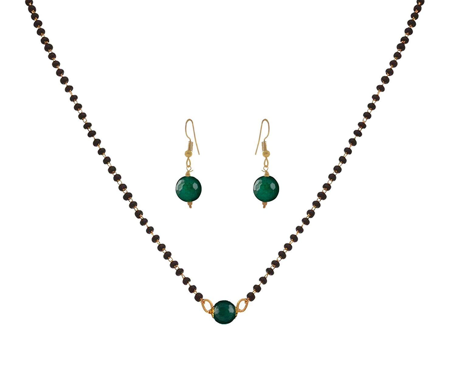 AV Fashion India - Gold Plated Glassy Green Onyx Stone Designer Mangalsutra with Earrings & Black Beaded Chain for Women (AV_Mangalsutra06)