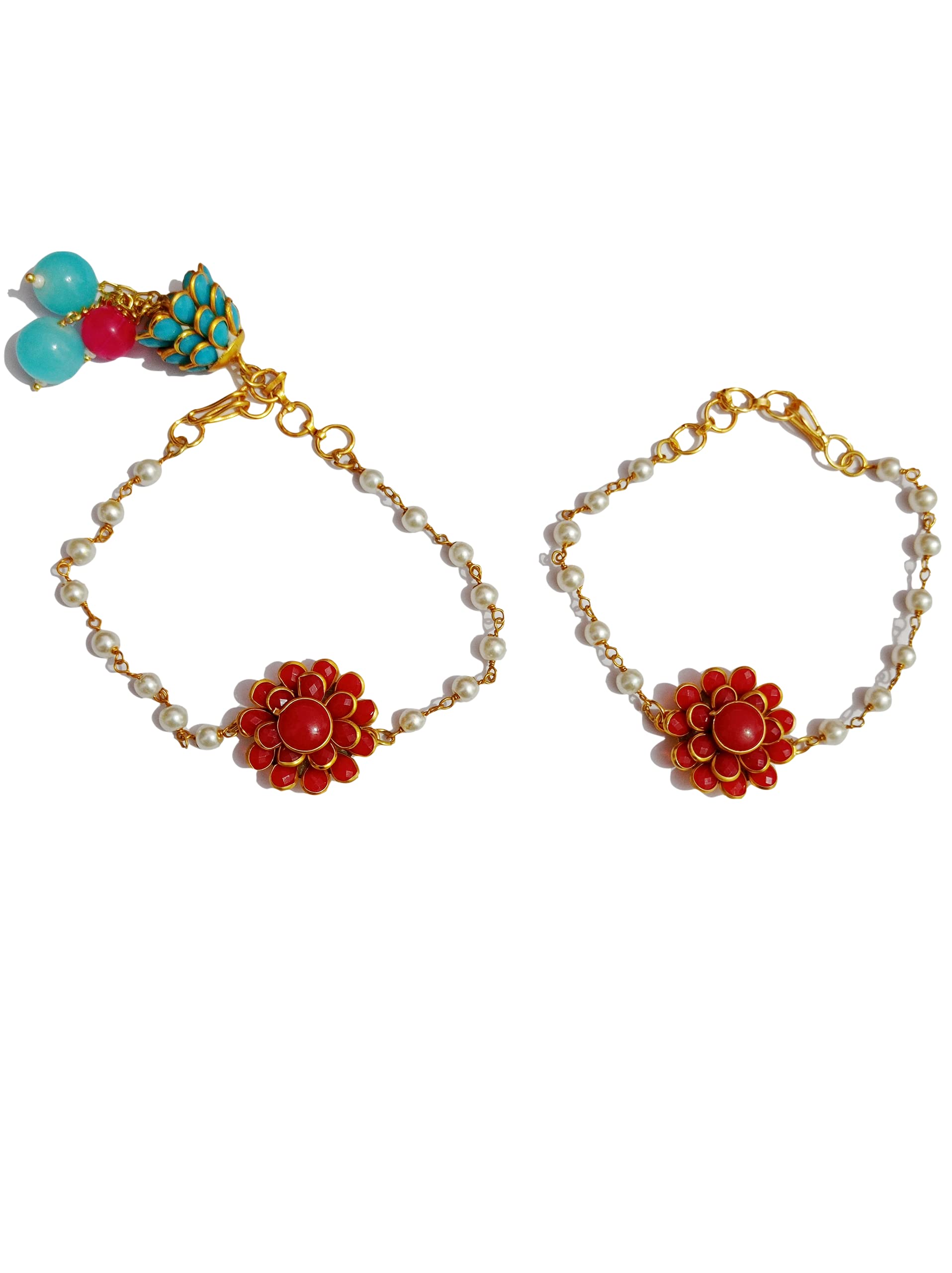 AV Fashion India - Elegant Traditional Gold Plated Pachchi Work Flower Couple Rakhi Bracelet /Lumba Rakhi/Roli Chawal Combo Set for Men