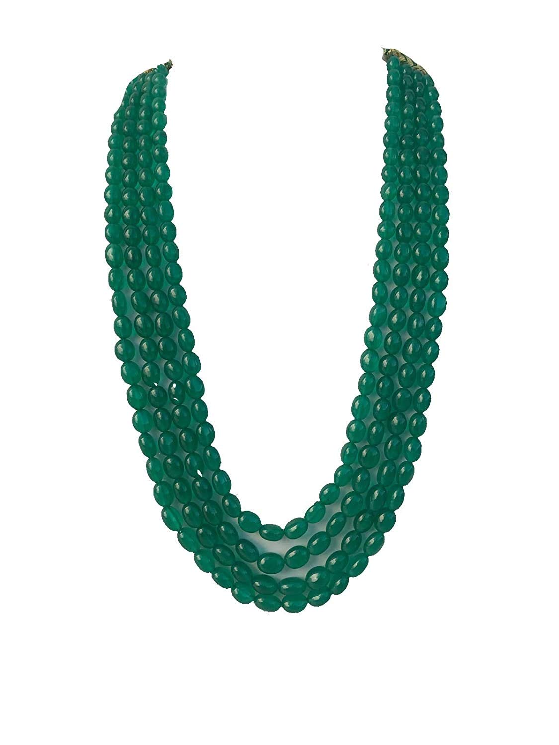 AV FASHION INDIA A V FASHION - Emerald Green Onyx Stone Beads 4 Strand Mani 18 Inch Long Necklace For Women and Girl Wedding Bridal Groom Kantha Fashion Jewellery (Same as Image)