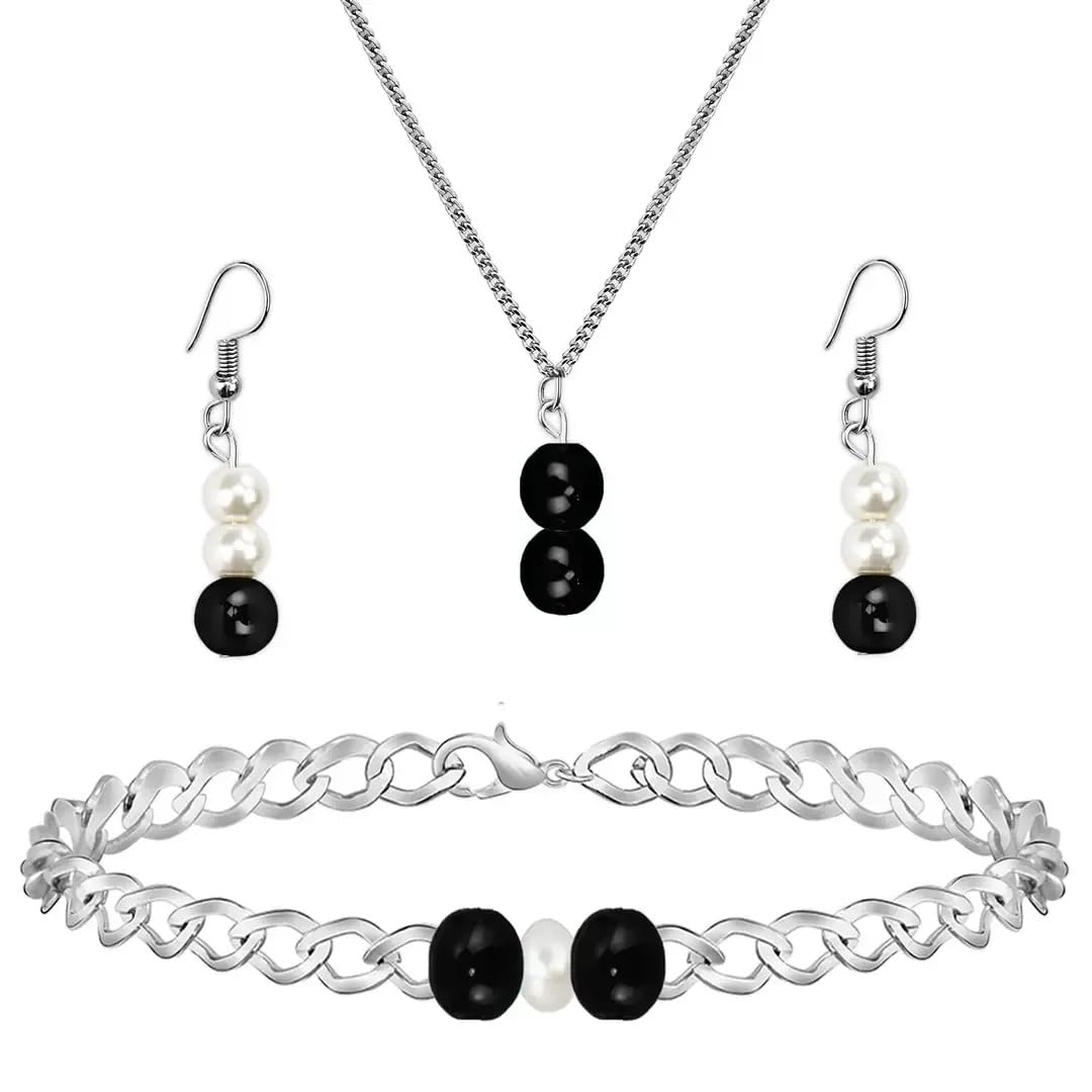 A V FASHION - Black Crystal Chain Necklace Set with Bracelet for Girl and Women 1 Layer Beaded Mala Fashion Jewellery (Black)