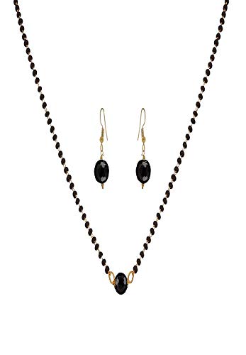AV Fashion India - Gold Plated Glassy Black Onyx Stone Designer Mangalsutra with Earrings & Black Beaded Chain for Women (AV_Mangalsutra07)