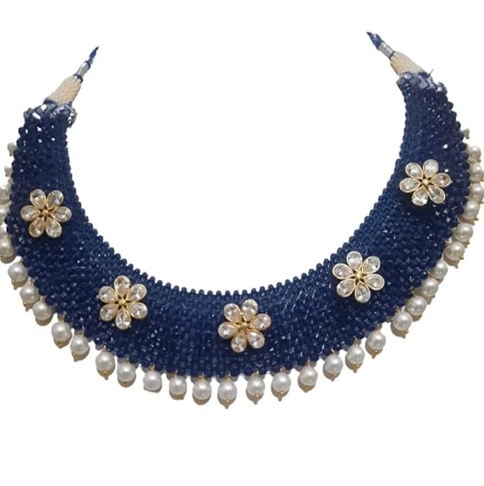 AV Fashion India - Semi Precious Gemstone Blue Hydro Multi Layer Choker with Flower Brooch Necklace Chick mala for Women and Girl Fashion Jewellery (AV_ HYDRO11)