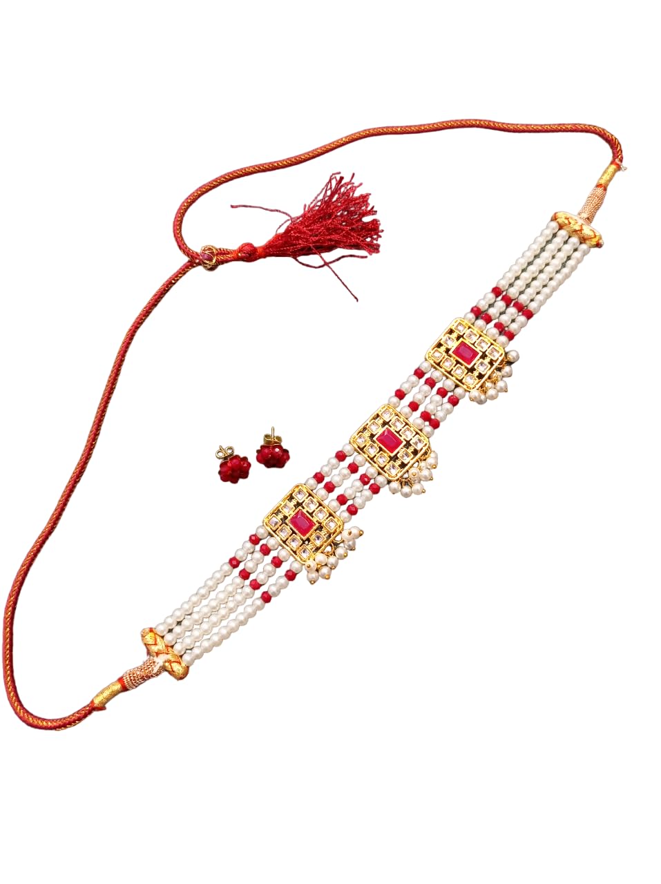 A V FASHION INDIA - Traditional Choker Crystal & Pearl Zarkan Earring Necklace Set Fancy Designer Jaipuri 4 Layer Choker Set for Women and Girl Red Colour