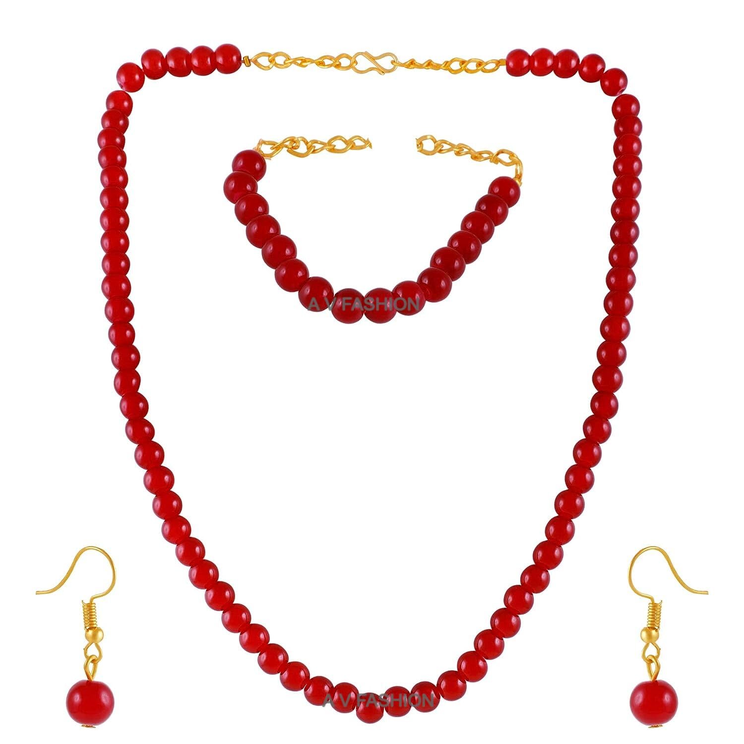 A V FASHION - Maroon Crystal Necklace Set with Bracelet for Girl and Women 1 Layer Beaded Mala Fashion Jewellery (Maroon)