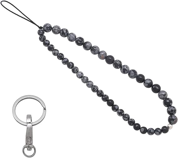 A V FASHION - Beaded Cell Phone Lanyard Short Hand Wrist Lanyard Strap Snowflake obsidian Stone Bead Mobile Phone Chain for Girl Women Men Cell Phone (Black Color)