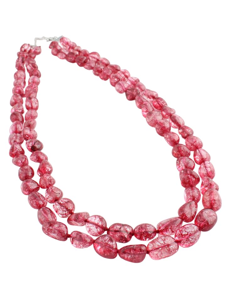 A V FASHION - Semi Precious Pink Tourmaline Gemstone Tumble Beads Necklace Double Layer Traditional Beaded Pink Color 16 inch Long 2 Line Mala Fashion Jewellery