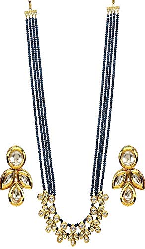 AV Fashion India - Semi Precious Gemstone Sapphire Blue Onyx Beads with Kundan Broch Necklace Set with Earring 4 Layer for Girl and Women Fashion Jewellery (AVB87)