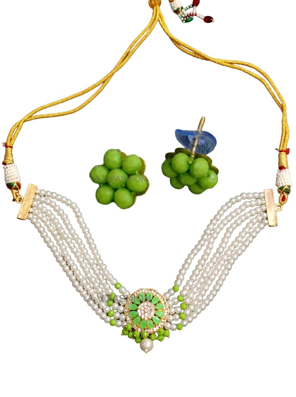 A V FASHION - Gold Plated Brass Glass Beads Artificial Jarkan and Pearl Necklace With Studed Fancy Designer Jaipuri Choker Necklace with Earrings Set for Women