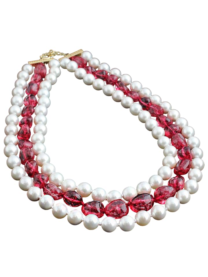 A V FASHION - Semi Precious Pink Tourmaline Gemstone Tumble With Pearl Beads Necklace Three 3 Layer Traditional Beaded Pink Color 16 inch Long 3 Line Mala Fashion Jewellery (Same as shown in image)