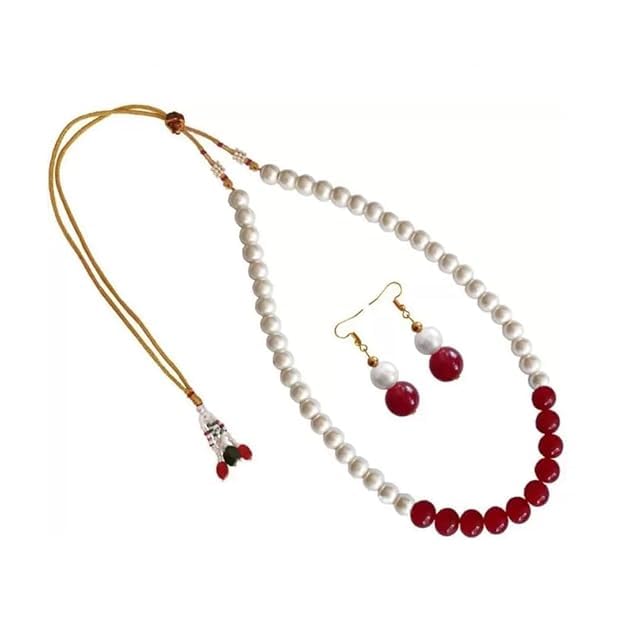 A V FASHION INDIA - Pearl Necklace with Earring for Girl and Women 1 Layer Beaded Mala Fashion Jewellery (White, Red)