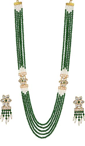 AV Fashion India - Crystal and Kundan Work with Pearl Necklace Set with Earring for Girl and Women Green Mala Jewellery (AV_C37)