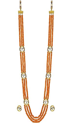 AV Fashion India - Semi Precious Gemstone Onyx Beads with Kundan Necklace Set with Earring 3 Layer Orange Colour for Girl and Women Fashion Jewellery (AVB83)