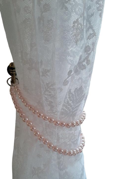 A V FASHION - Pearls Handmade Metal Rings Curtain Tiebacks Decorative Pearl Beaded Double Layer (1 Pair) Drape Tie Backs Holdback Holder for Home Office Kitchen Sheer (Baby Pink)