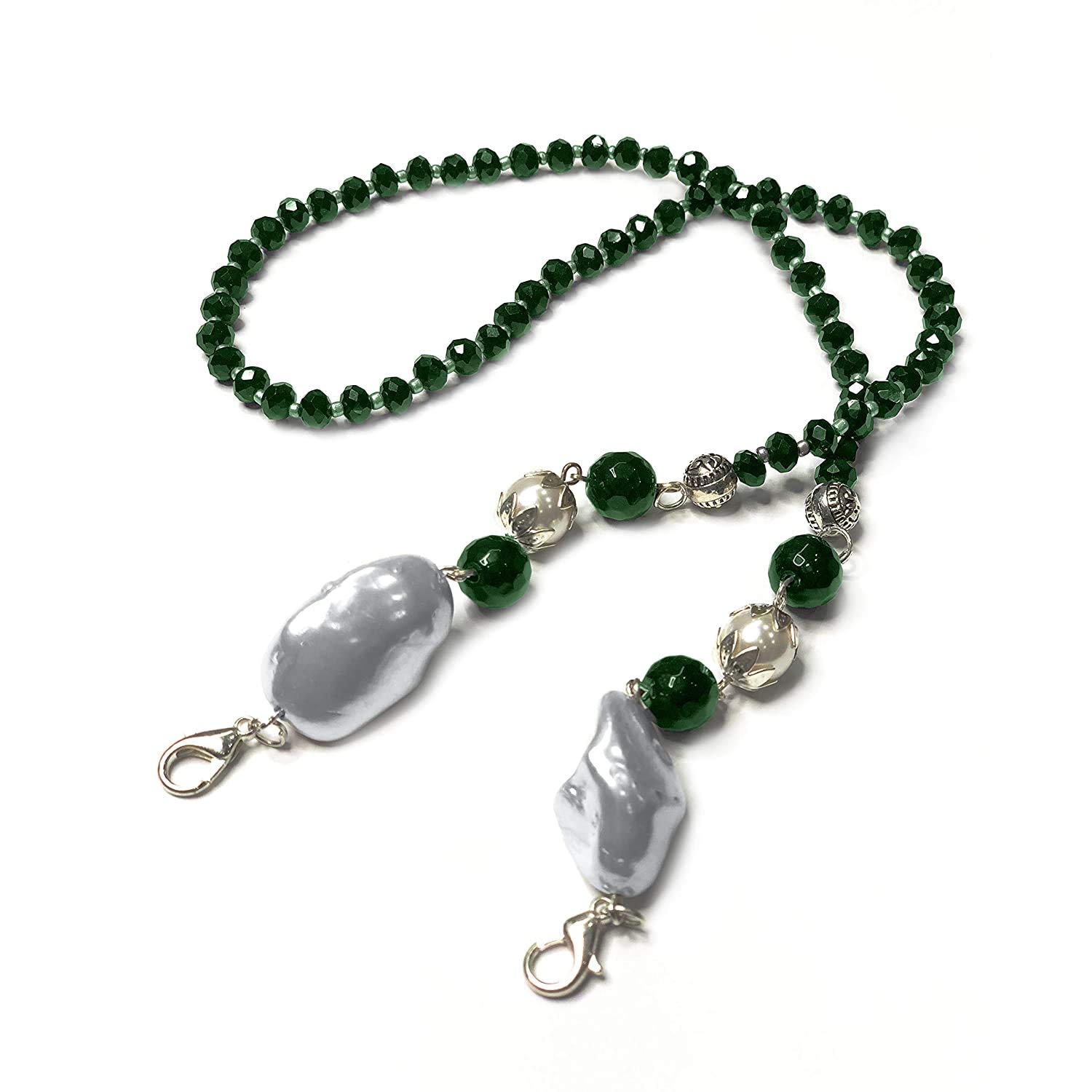AV Fashion India - Mask Chain, Face Mask Holder, 55 CM Necklace for Mask, Chain with Big Baroque Pearls, Round pearl and Natural Stones, Mask Lanyard (Green)