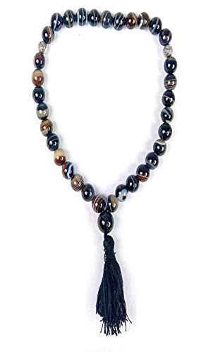 AV Fashion India - Natural Sulemani Hakik Agate Gemstone Round Smooth 8 mm 33 Beads Islamic Religion Tasbih for Muslim Prayer Men Women (Color : Black)
