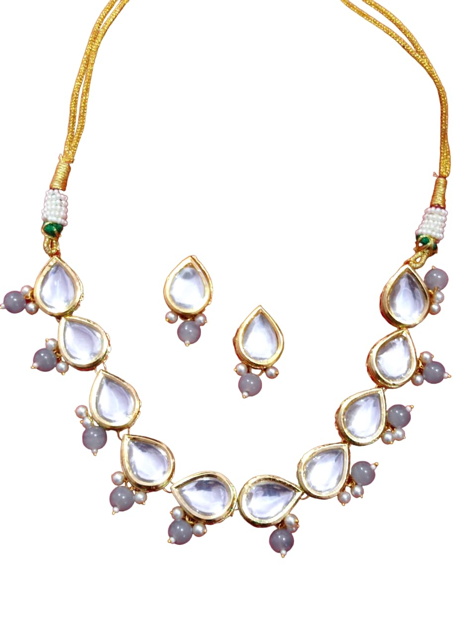 A V FASHION - Traditional Style Gold Plated Kundan & Beads Choker Necklace Set With Earring Jewellery Set For Women Grey Colour (Same as shown in iamge)