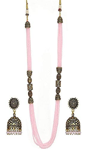 AV Fashion India - Rose Quartz Colour Crystal Gemstone Beads Oxidized Handmade Necklace Set Designer Antique Earrings for Girl and Women Fashion Jewellery (AV_C57)