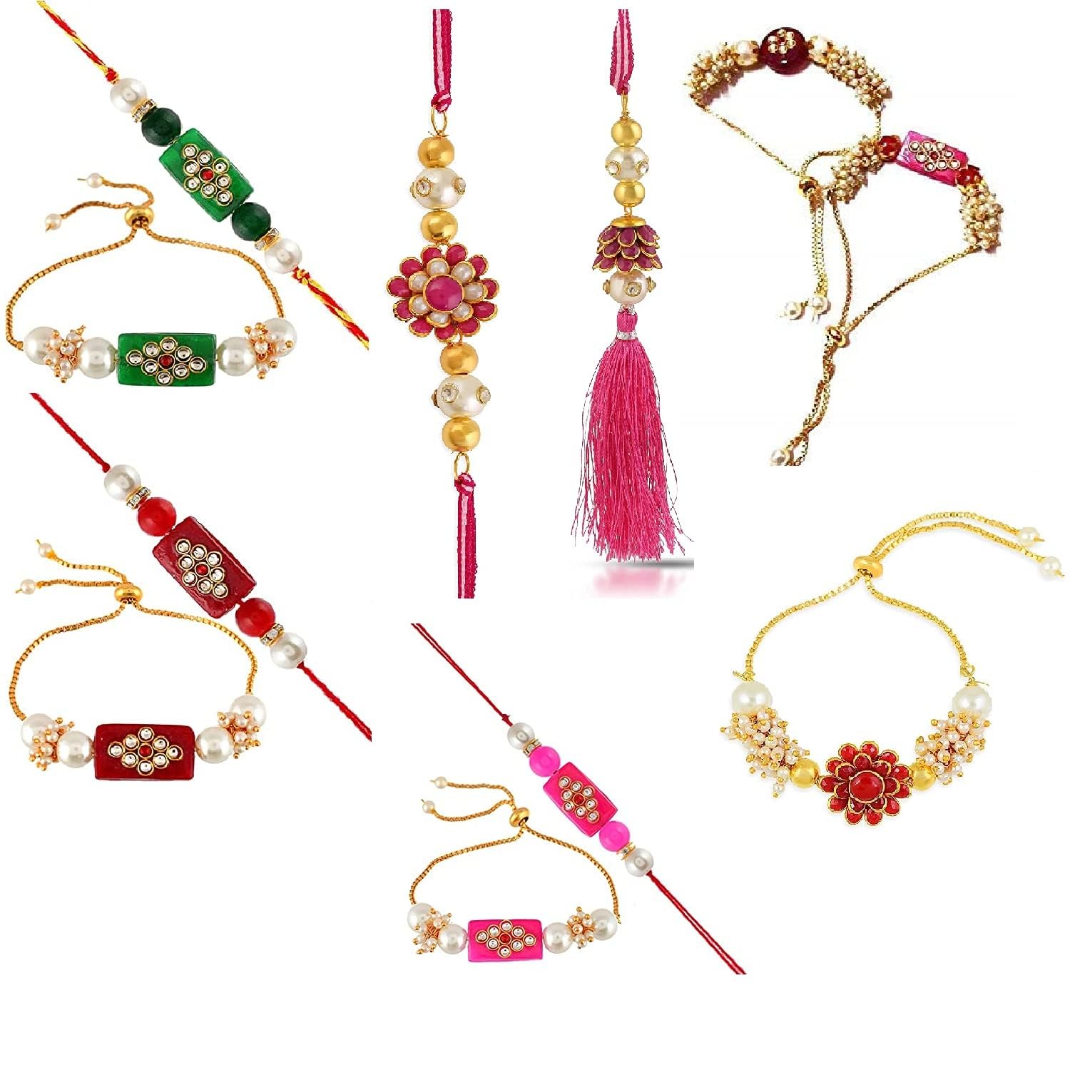 A V FASHION - Traditional Gold Plated Handmade Flower Multi Color Couple Combo of 11 Piece Rakhi For Love of brother and sister. (Same as Shown In Image) (Multi Color) Unisex